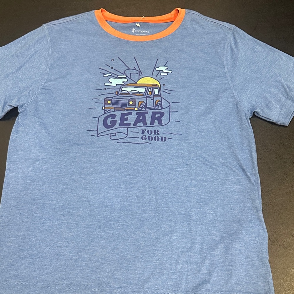 Cotopaxi Heather Blue Tee with Orange Collar